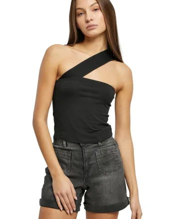 Top slim fit cu decolteu pe un umar, Negru