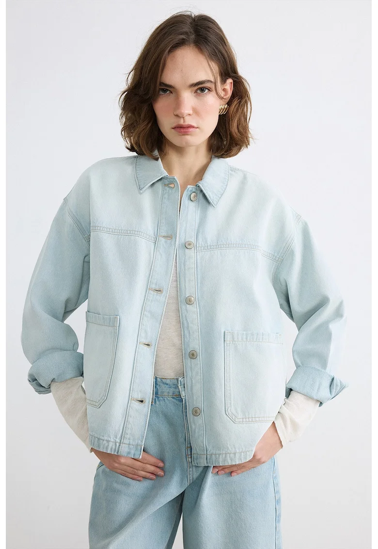 Jacheta-camasa din denim cu maneci cazute, Albastru deschis