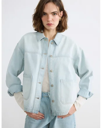 Jacheta-camasa din denim cu maneci cazute, Albastru deschis