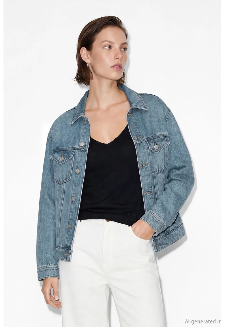 Jacheta din denim cu buzunare cu clapa, Albastru prafuit