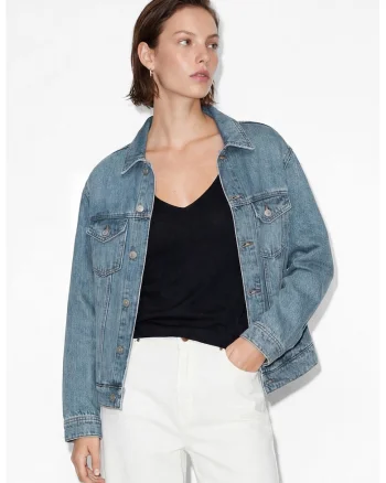 Jacheta din denim cu buzunare cu clapa, Albastru prafuit