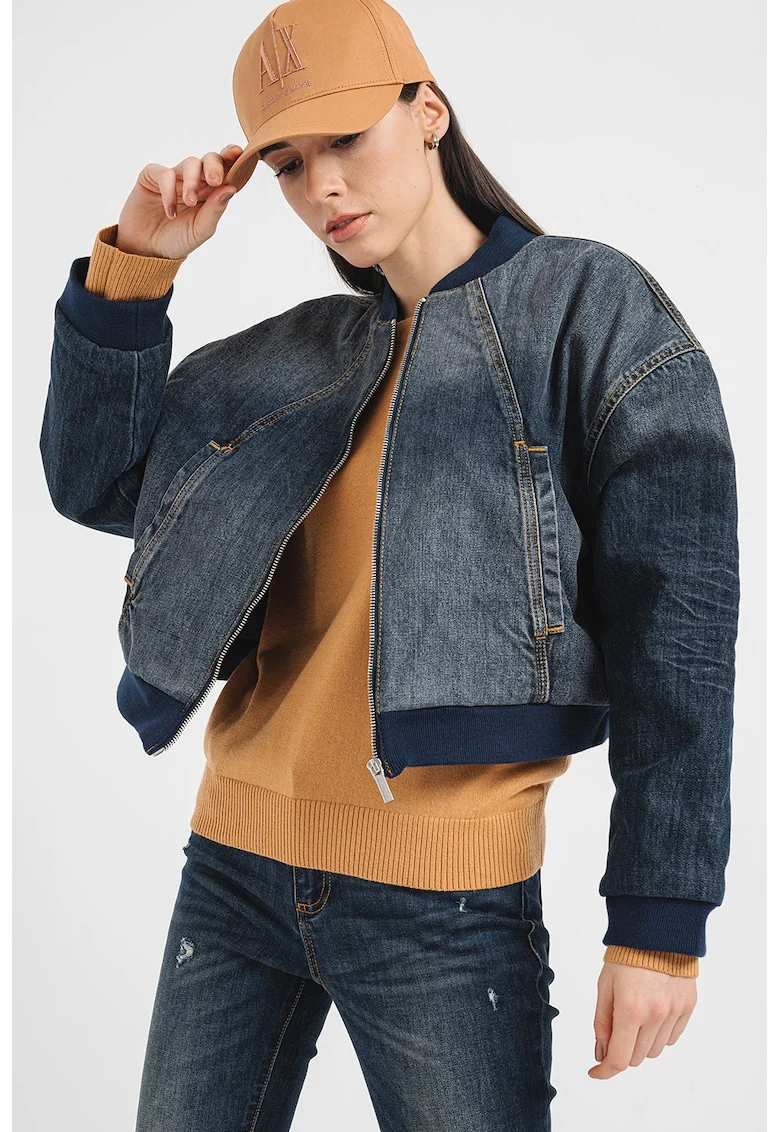 Jacheta bomber din denim cu imprimeu logo si maneci cazute, Albastru