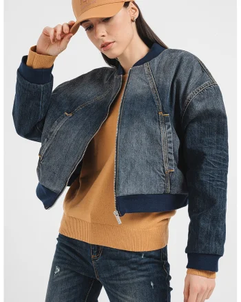 Jacheta bomber din denim cu imprimeu logo si maneci cazute, Albastru