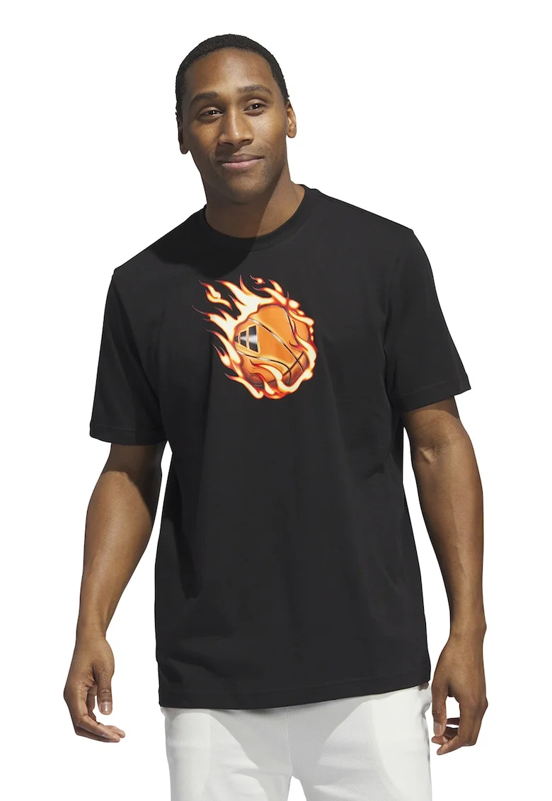 Tricou de bumbac cu imprimeu grafic, pentru baschet, Negru/Portocaliu
