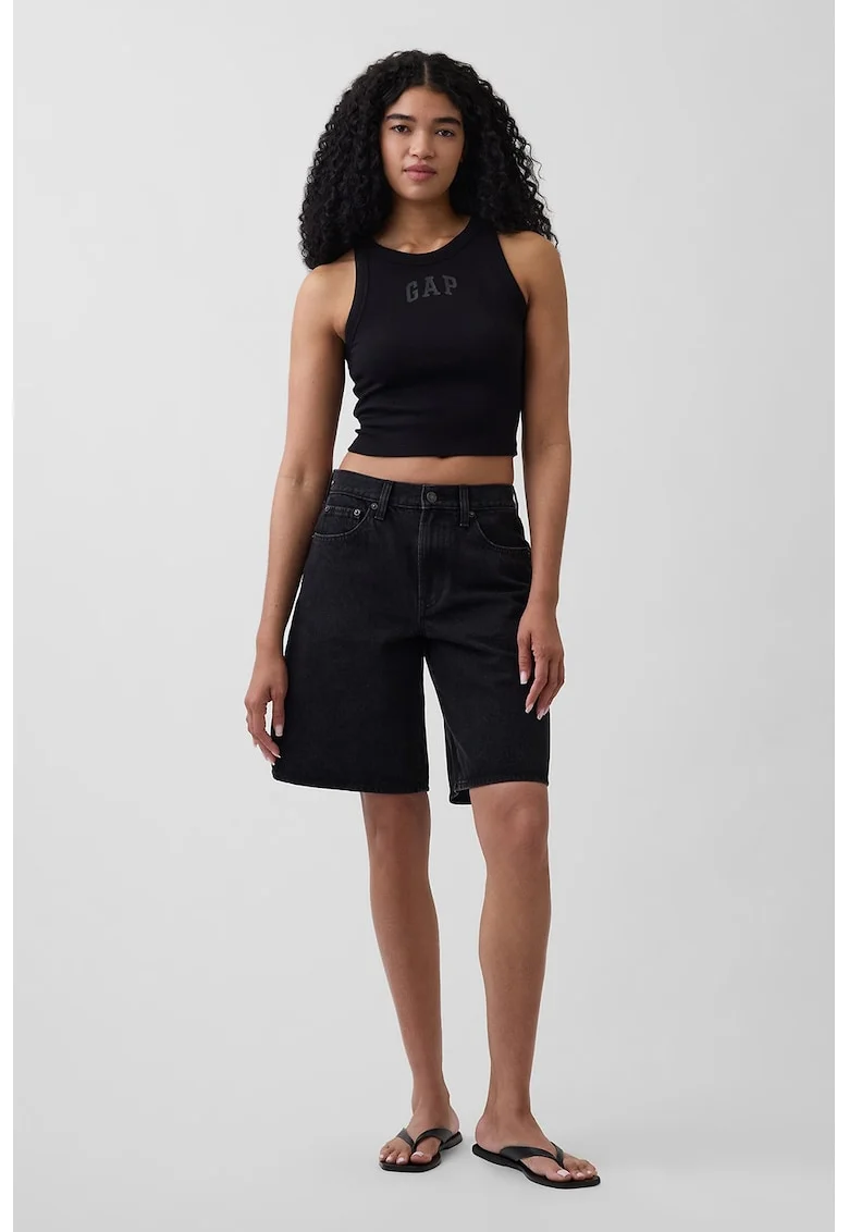 Top crop cu logo si striatii, Negru