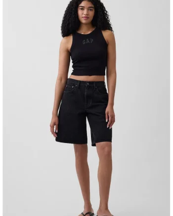 Top crop cu logo si striatii, Negru