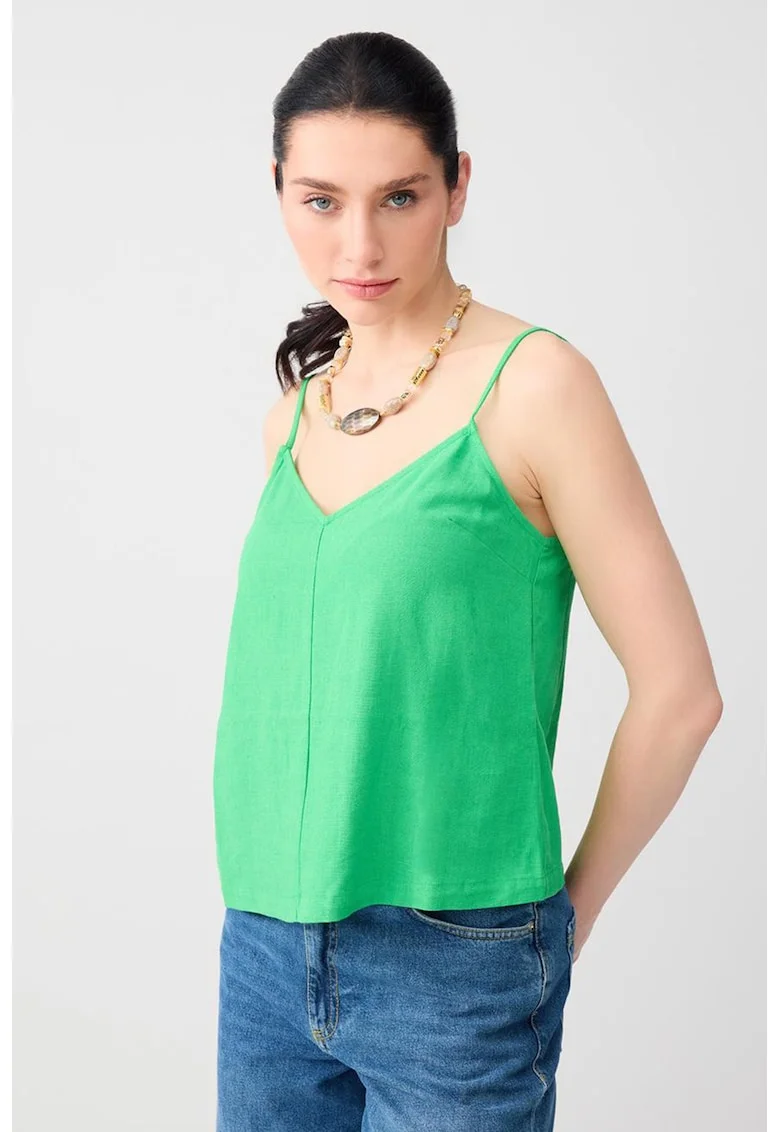 Top din amestec de in cu decolteu in V, Verde electric