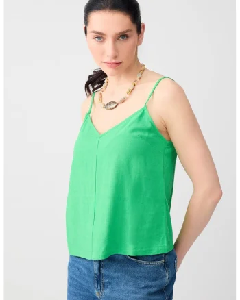 Top din amestec de in cu decolteu in V, Verde electric