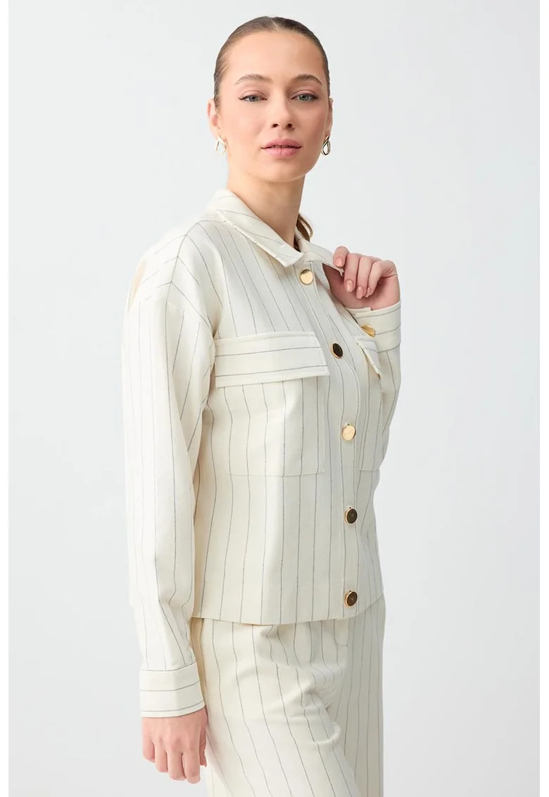 Jacheta-camasa cu model in dungi si buzunare pe piept, Crem