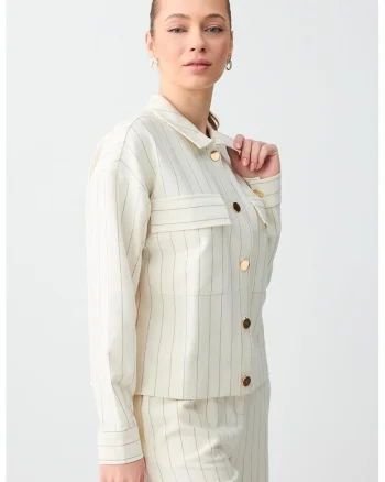Jacheta-camasa cu model in dungi si buzunare pe piept, Crem