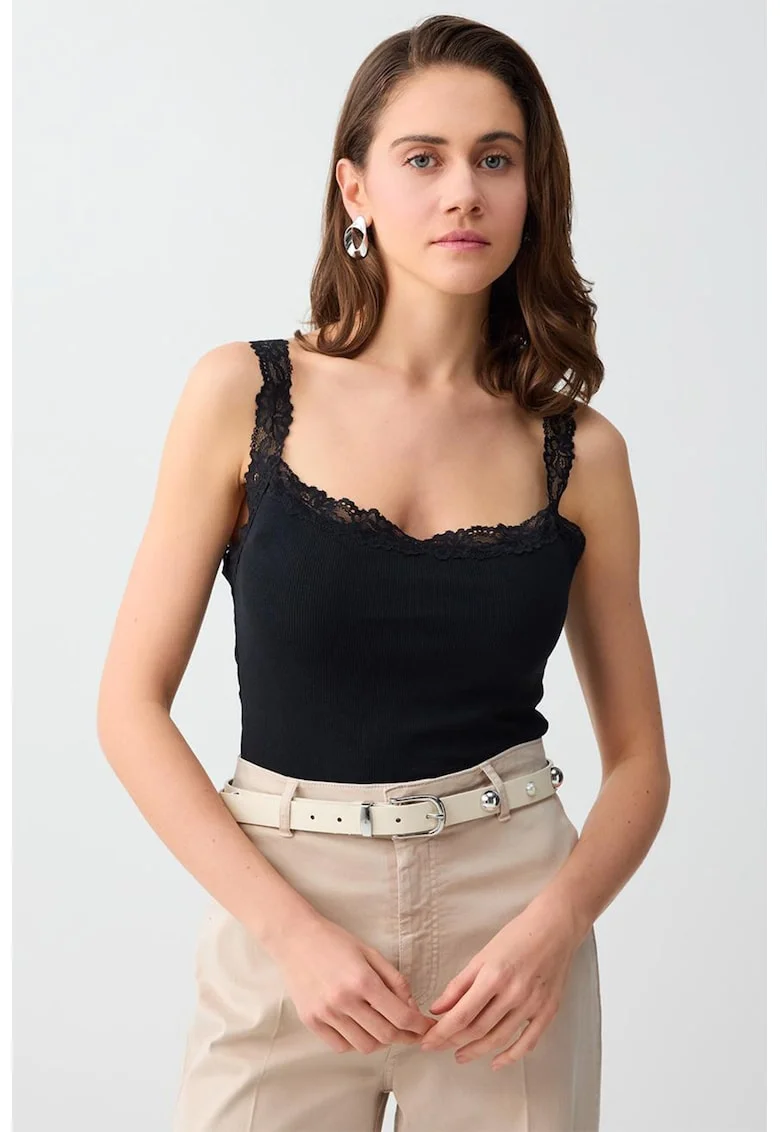 Top din amestec de modal cu garnituri de dantela, Negru