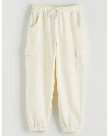Pantaloni de trening cu croiala cargo si snur, Bej deschis