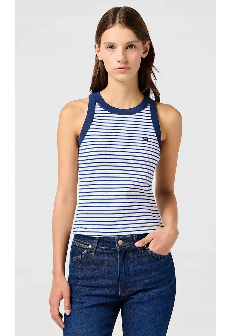 Maiou dama  Ringer Tank, alb cu dungi albastre, bumbac,