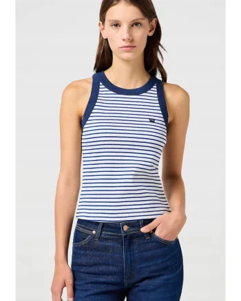 Maiou dama  Ringer Tank, alb cu dungi albastre, bumbac,
