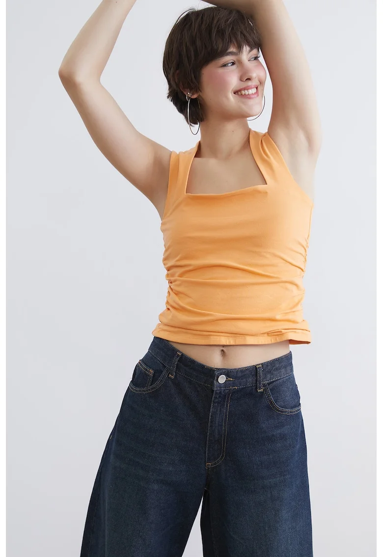 Top slim fit cu decolteu patrat si drapaj, Portocaliu stins