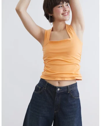 Top slim fit cu decolteu patrat si drapaj, Portocaliu stins