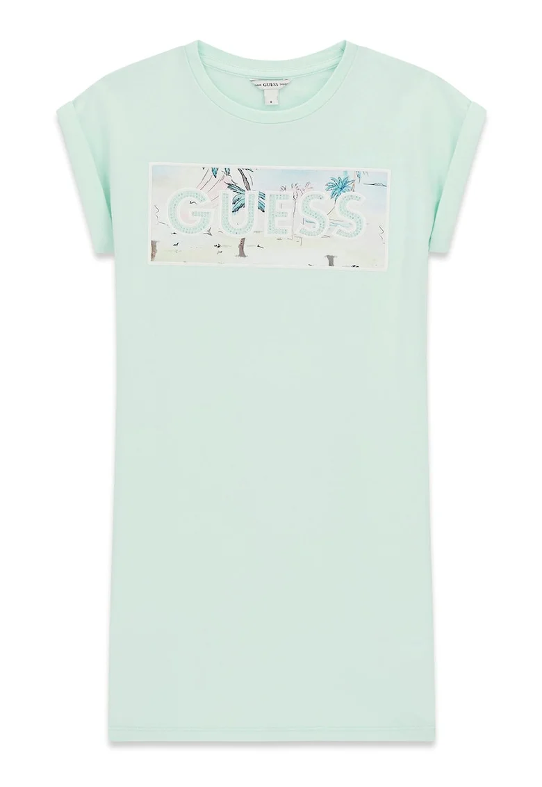 Rochie cu decolteu la baza gatului si imprimeu logo, Verde pal