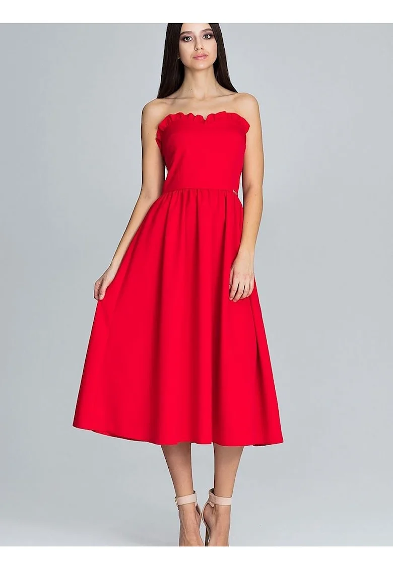 Rochie de seara  rosie, cu corset si volane, din poliester si viscoza