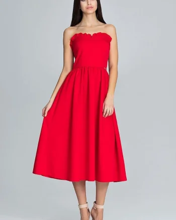 Rochie de seara  rosie, cu corset si volane, din poliester si viscoza