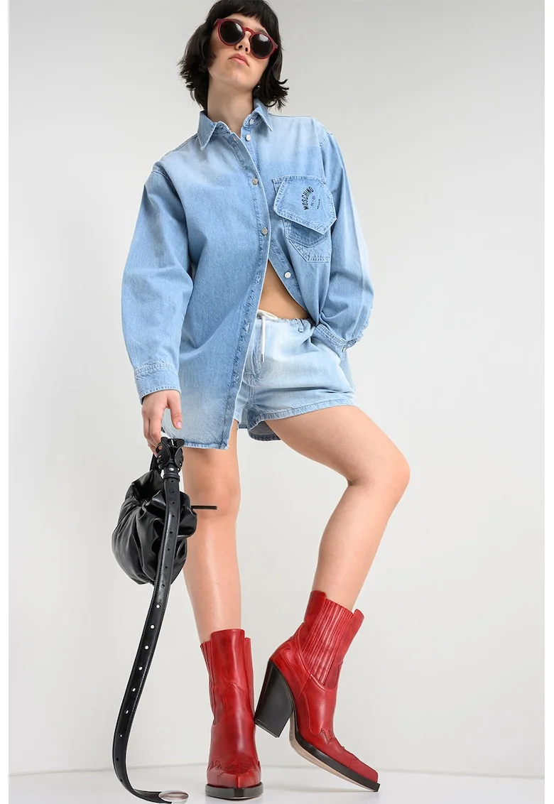 Jacheta-camasa din denim cu maneci cazute, Albastru pastel