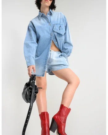 Jacheta-camasa din denim cu maneci cazute, Albastru pastel