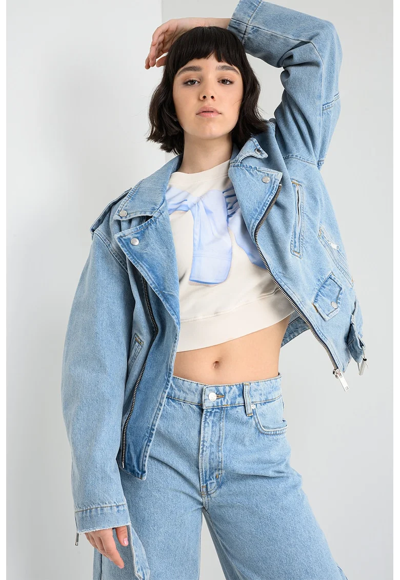 Jacheta lejera din denim cu fermoar, Albastru pastel