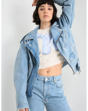Jacheta lejera din denim cu fermoar, Albastru pastel