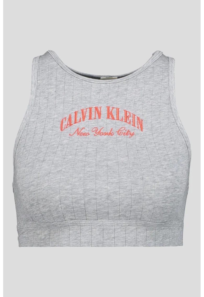 Top crop cu imprimeu logo, Gri melange