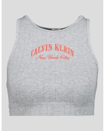 Top crop cu imprimeu logo, Gri melange