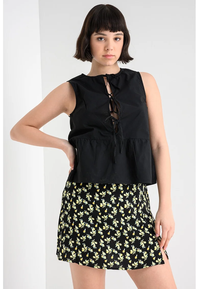 Bluza din bumbac organic cu prinderi cu snururi, fara maneci, Negru