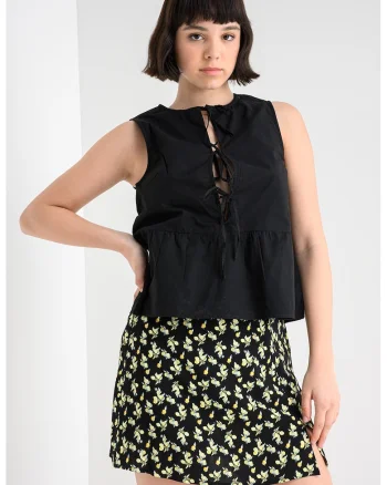 Bluza din bumbac organic cu prinderi cu snururi, fara maneci, Negru