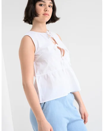 Bluza din bumbac organic cu prinderi cu snururi, fara maneci, Alb