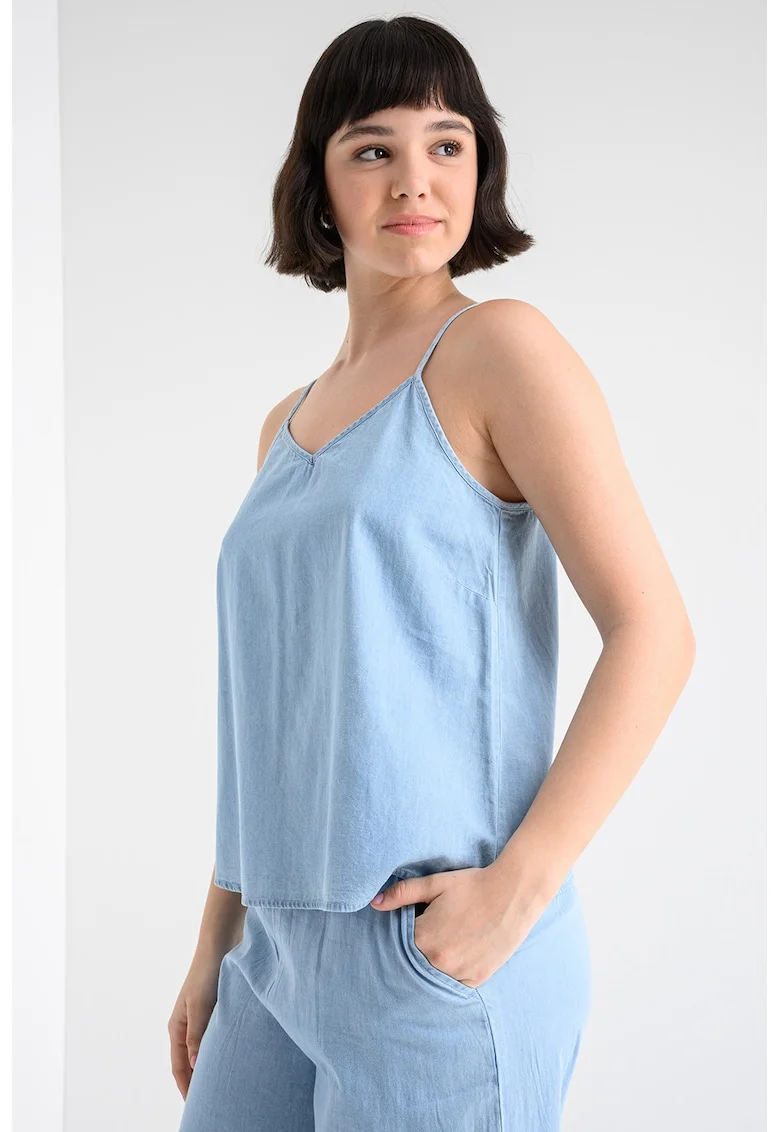 Top din denim cu decolteu in V si bretele ajustabile, Albastru deschis melange