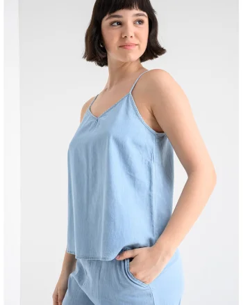 Top din denim cu decolteu in V si bretele ajustabile, Albastru deschis melange