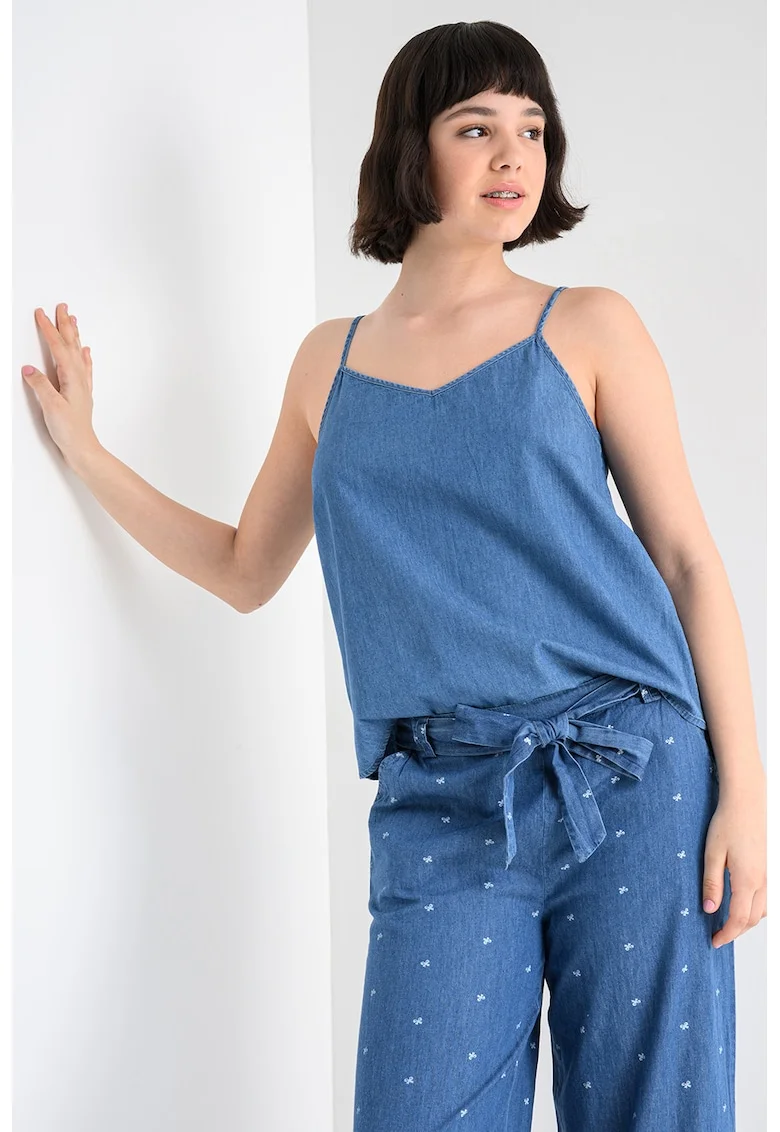 Top din denim cu decolteu in V si bretele ajustabile, Albastru melange