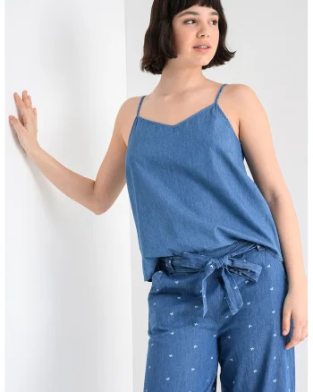 Top din denim cu decolteu in V si bretele ajustabile, Albastru melange