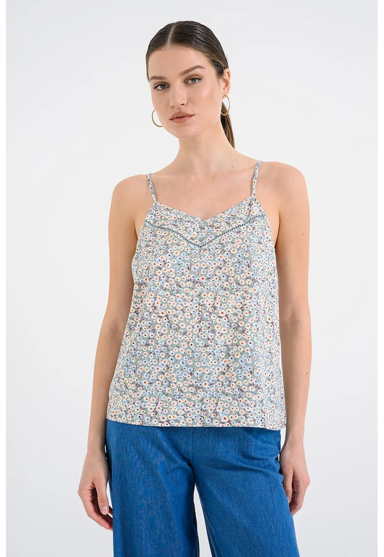 Top cu decolteu in V si model floral, Piersica/Verde deschis