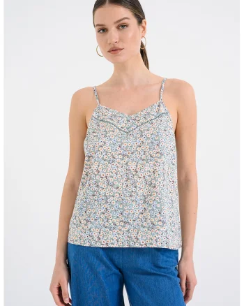 Top cu decolteu in V si model floral, Piersica/Verde deschis