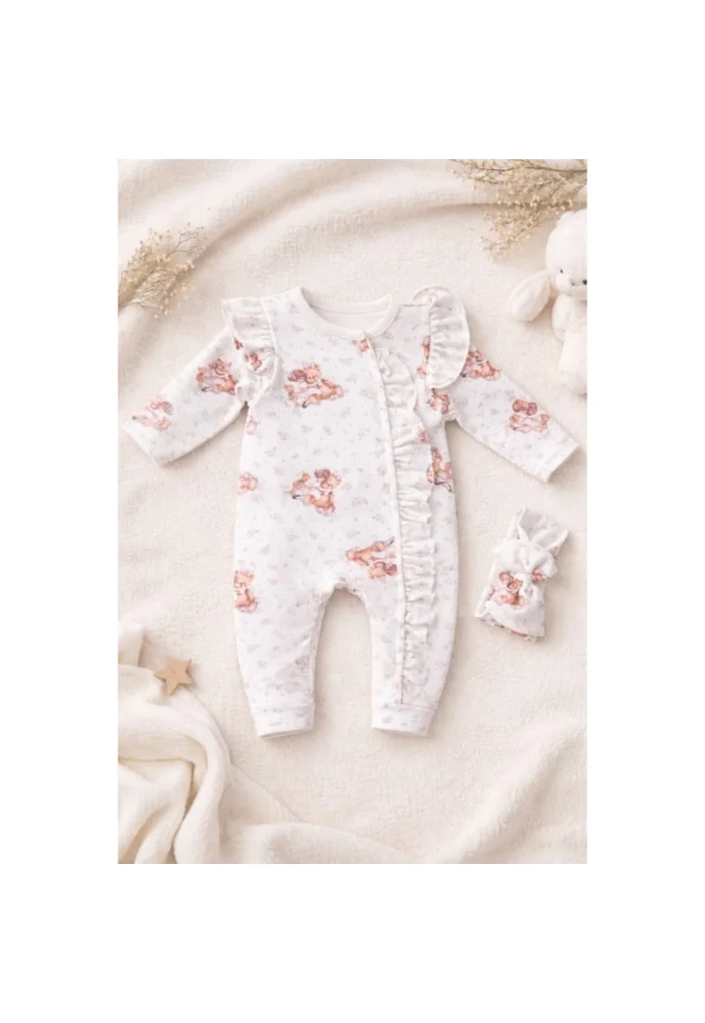 Salopeta bebe fetite cu volane bumbac set cu bentita imprimeu ursulet