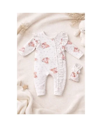 Salopeta bebe fetite cu volane bumbac set cu bentita imprimeu ursulet