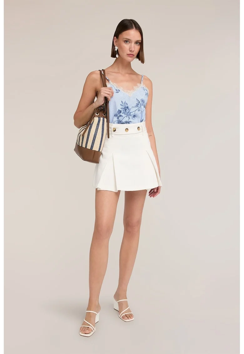 Top crop cu model floral si garnituri din dantela, Albastru pastel