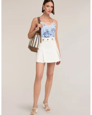 Top crop cu model floral si garnituri din dantela, Albastru pastel