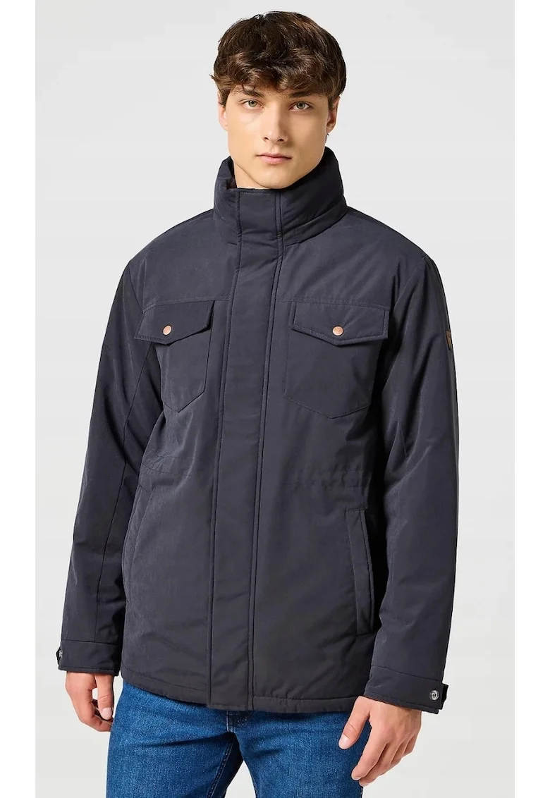 Geaca barbati,  matlasata, neagra, bumbac, cu gluga ascunsa, fermoar, 2 buzunare cu clapa,