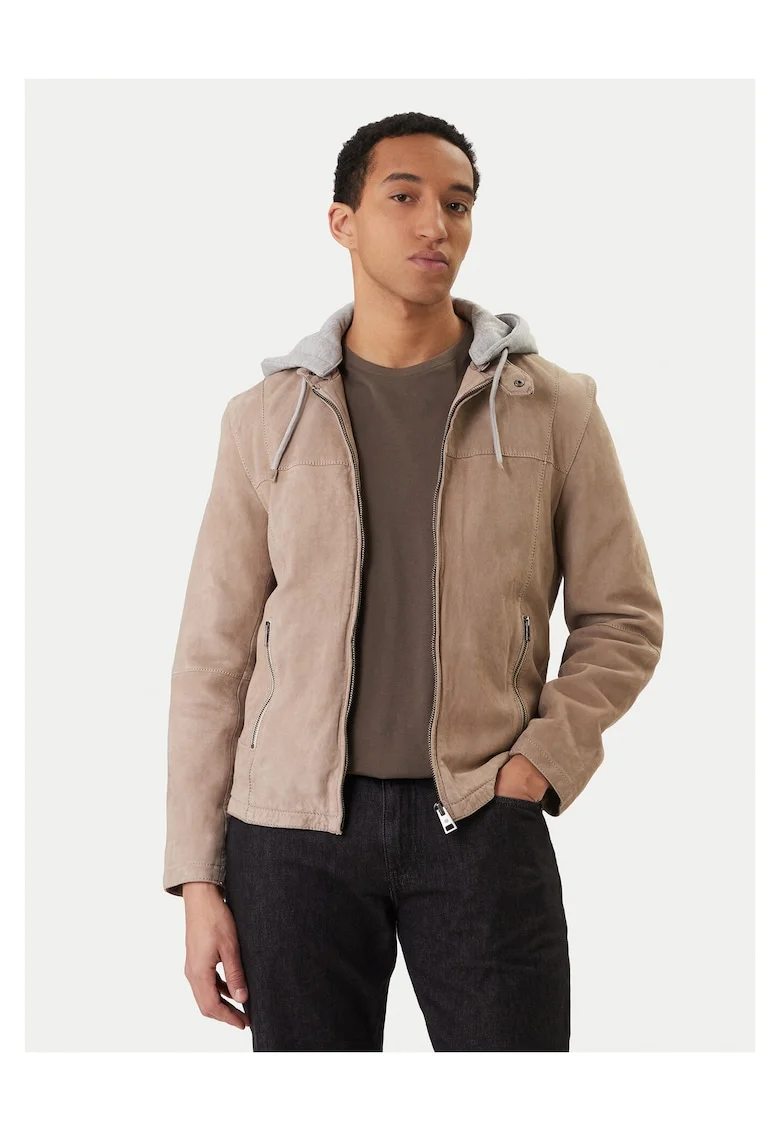 Geaca barbati,  piele naturala, fermoar, bej, 100% bumbac