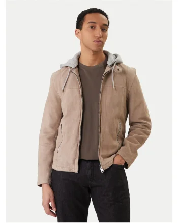 Geaca barbati,  piele naturala, fermoar, bej, 100% bumbac