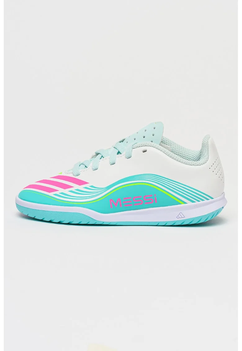 Pantofi F50 Messi Club In J pentru fotbal, Alb/Turcoaz inchis