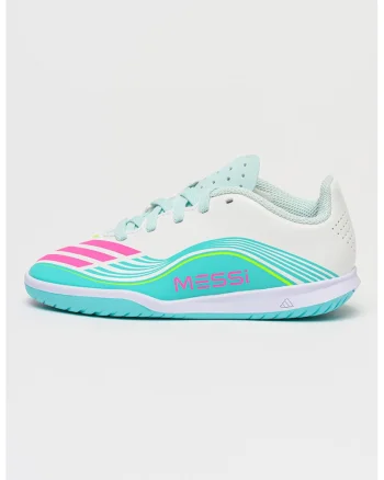 Pantofi F50 Messi Club In J pentru fotbal, Alb/Turcoaz inchis