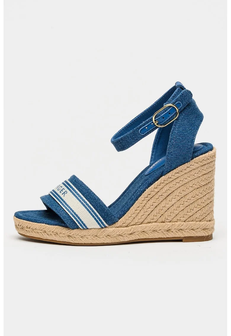 Espadrile din denim cu talpa wedge si logo Safari, Bleumarin