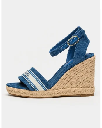 Espadrile din denim cu talpa wedge si logo Safari, Bleumarin