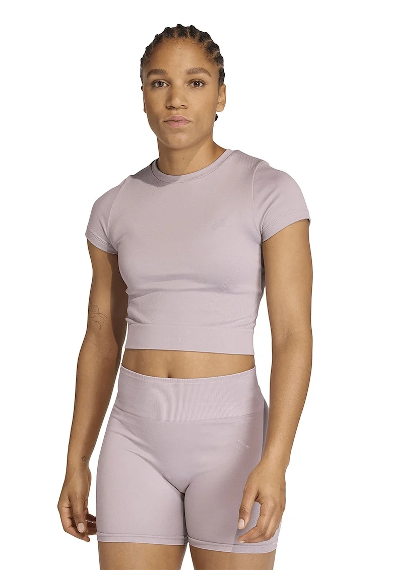 Tricou crop tricotat pentru fitness Workout Essentials, Lila pal